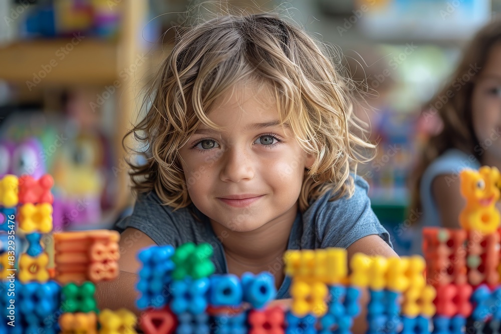 Caring boy with curly hair and blue eyes surrounded by colorful learning toys Caring boy with curly hair and blue eyes surrounded by colorful learning toys