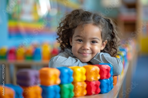 A smiling child with curly hair crouching behind a row of bright, colorful building blocks in a playroom