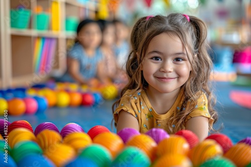 Cheerful young girl with a playful grin surrounded by a myriad of colorful plastic toys