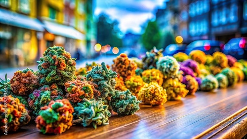 Colorful close-up of cannabis buds on desk in dispensary on street corner photo