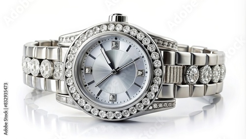 Silver watch with diamond-studded bezel on white background