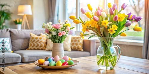 Close up of spring flower arrangement next to vase filled with easter eggs on living room table