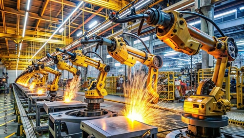 Robotic welding arms in automotive industrial manufacturing plant photo