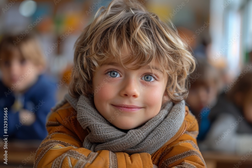 A portrait of a blue-eyed boy smiling with a mustard-colored jacket and a scarf, classroom background A portrait of a blue-eyed boy smiling with a mustard-colored jacket and a scarf, classroom background