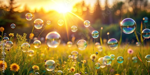 Sparkling soap bubbles floating gracefully in a sunlit meadow, symbolizing carefree happiness and pure joy photo