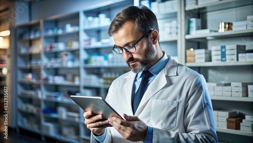 Focused pharmacist reviewing inventory data on tablet in dimly lit pharmacy