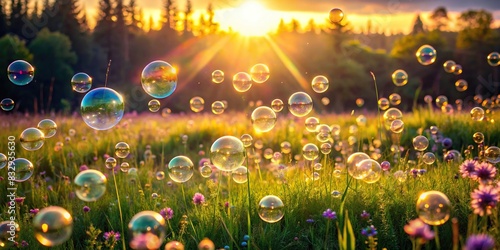A tranquil meadow filled with glowing soap bubbles, capturing the essence of joy and freedom photo