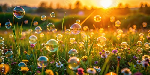 A tranquil meadow filled with glowing soap bubbles, capturing the essence of joy and freedom