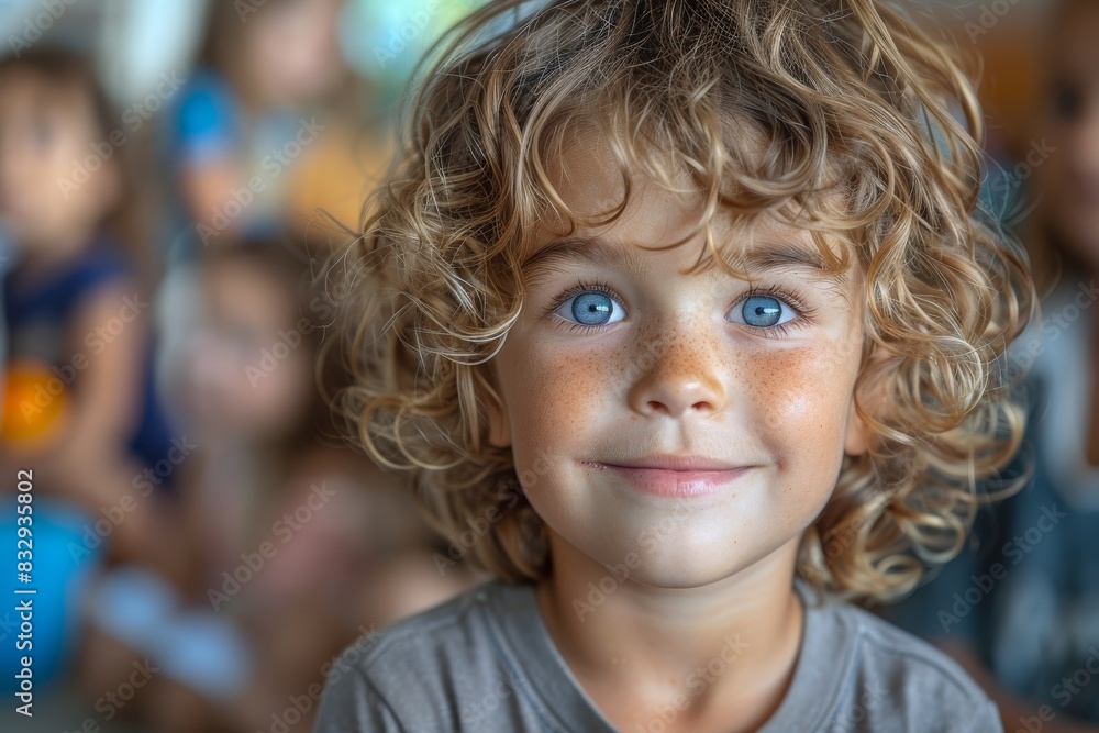 Young boy with curly hair and big blue eyes, giving a cheerful look in a classroom Young boy with curly hair and big blue eyes, giving a cheerful look in a classroom