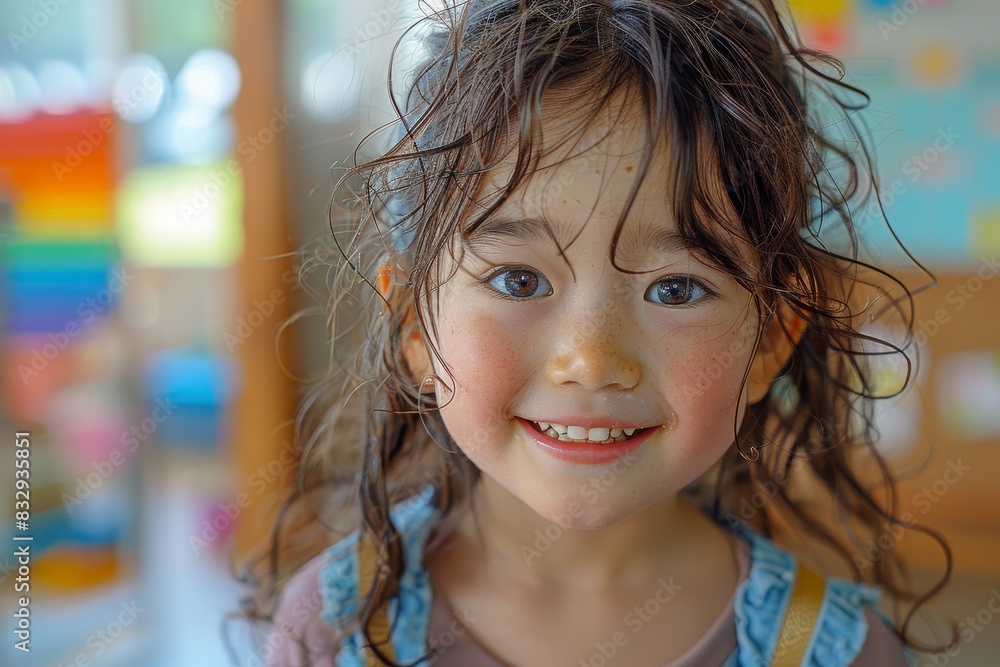 A joyous girl with wet hair and freckles smiles after a fun activity, spontaneous mood A joyous girl with wet hair and freckles smiles after a fun activity, spontaneous mood