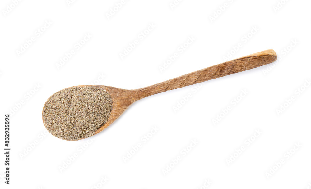 Aromatic spice. Ground black pepper in scoop isolated on white, top view Aromatic spice. Ground black pepper in scoop isolated on white, top view