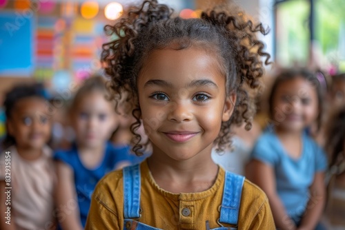Smiling young girl with curly hair in yellow outfit with her classmates behind her