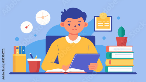 An adult student sitting at a desk determinedly studying grammar and vocabulary determined to improve their reading and writing skills.. Vector illustration