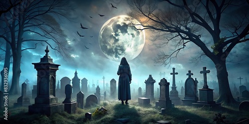 A hauntingly beautiful stock photo of a moonlit graveyard in the Victorian age, with tombstones and a vampire silhouette in the background photo