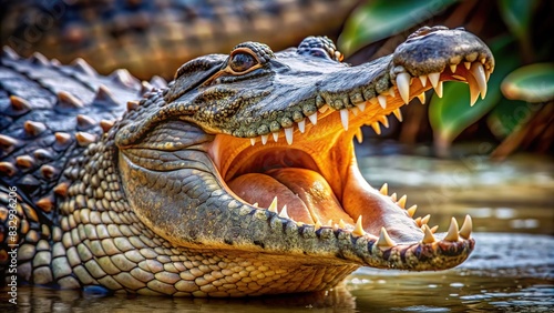 Fierce alligator with open jaws showing sharp teeth