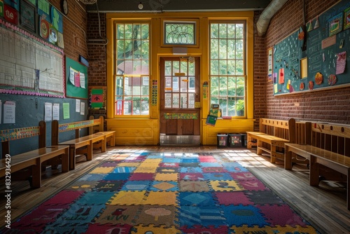 A classroom with natural brick walls and bright colorful carpet under soft sunlight coming through large yellow-framed windows © LifeMedia