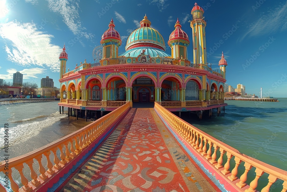 Obraz premium Vibrant pavilion on a pier over the ocean with a detailed and brightly colored walkway