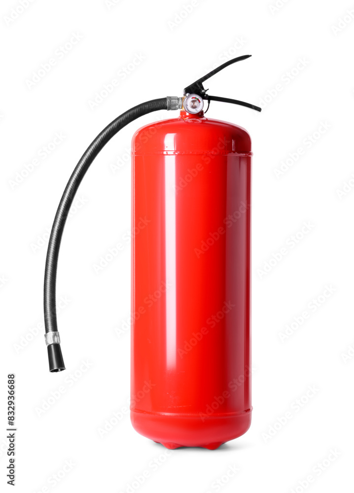 One red fire extinguisher on white background One red fire extinguisher on white background