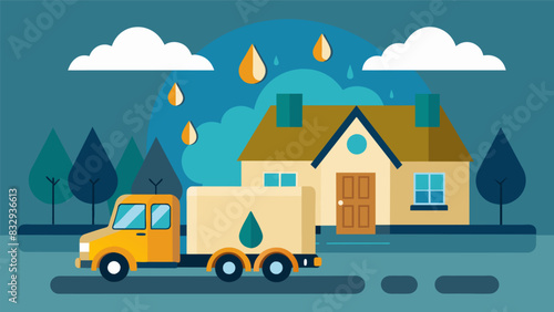 Despite the driving rain the home heating oil truck made its rounds filling tanks and bringing relief to homes in need of warmth.. Vector illustration