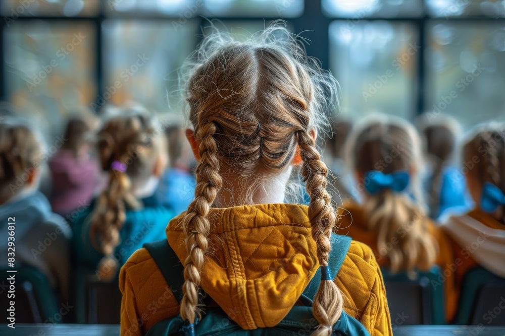 A young girl with neatly braided hair and a yellow jacket sitting in a classroom with her peers