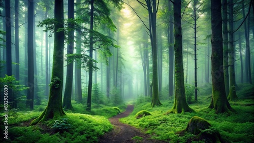 Dark  green forest covered in mist