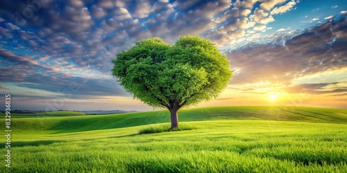 Springtime symbolized by a tree growing from a heart-shaped green field photo