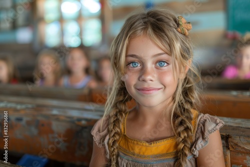 Wallpaper Mural A schoolgirl with braided hair smiles in a classroom, reflecting a sense of delight and simplicity Torontodigital.ca