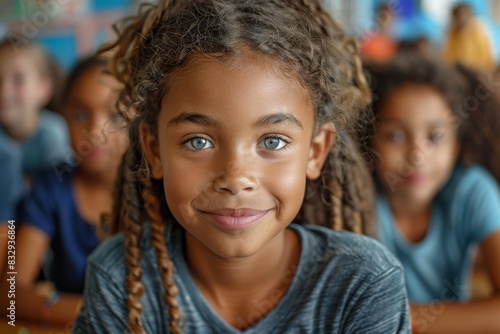 Close-up of a smiling girl with braided hair, with other children in the soft-focused background