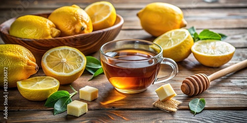 Close-up of a throat lozenge surrounded by tea, honey, and lemons on a wooden table photo