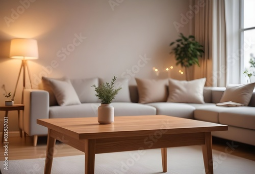 Minimal Scandinavian contemporary empty wooden table with sunlight. Simplistic Home  living room  soft lighting  cozy  relaxing