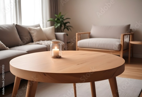 Minimal Scandinavian contemporary empty wooden table with sunlight. Simplistic Home ,living room, soft lighting, cozy, relaxing