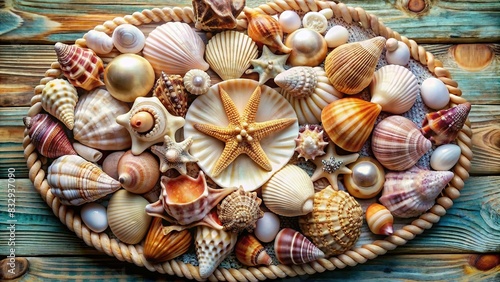 Beautiful arrangement of sea shells creating a captivating design with a touch of vintage elegance