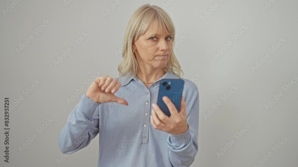 Angry blonde woman showing thumbs down sign on smartphone, expressing intense dislike and rejection against isolated white background. Angry blonde woman showing thumbs down sign on smartphone, expressing intense dislike and rejection against isolated white background.