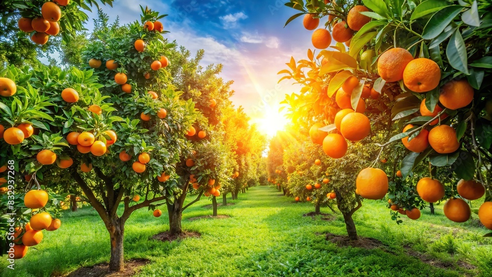 Sunny orange garden filled with ripe fruits in springtime