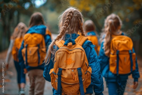 A group of children wearing blue jackets and matching tan backpacks walk away on a forest path
