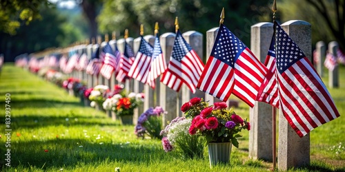 Row of American flags and flowers next to headstones in a cemetery