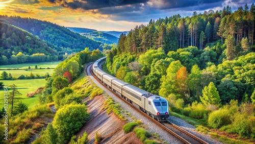 Scenic view of Amtrak passenger train traveling through lush Michigan landscapes photo