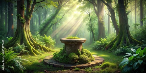 Wooden pedestal in a mystical green forest setting, surrounded by lush trees and creating a serene ambiance photo