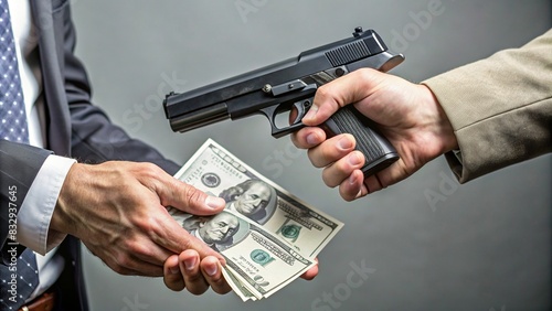 Close-up of exchanging a handgun for money