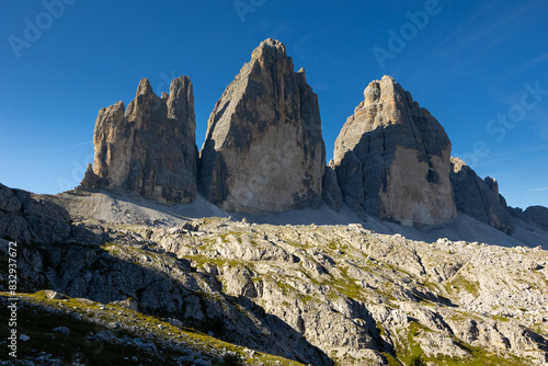 Amazing three Picks of Lavaredo in the Italian Dolomites near Cortina D Ampezzo. Sunny summer day with blue sky