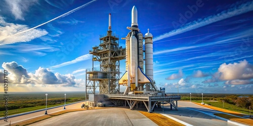 Space rocket getting prepared on launch pad against a bright blue sky photo
