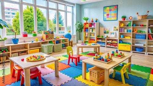 Close-up of a colorful and inviting daycare classroom with toys and educational materials photo