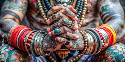 Close-up of a folded hands with rings, bracelets, and tattoos on knees