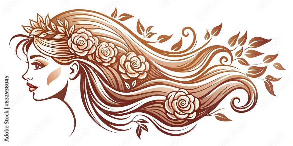 Elegant woman logo with flowing hair and floral elements