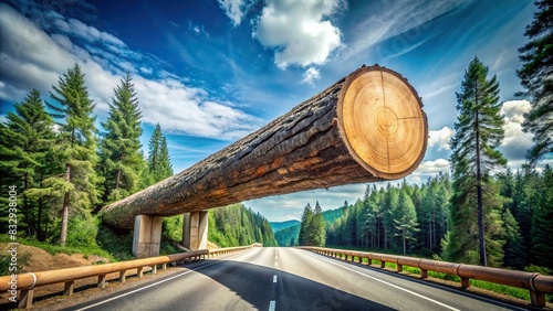 Stock photo of a giant tree trunk precariously balanced on a cylindrical overhanging load on a highway photo
