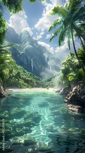 A panoramic view of a nature island  the calm water and lush surroundings creating a serene atmosphere