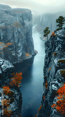 A panoramic view of a nature fjord  the vast landscape and towering cliffs creating a dramatic scene