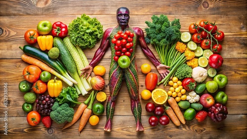 Fruits and vegetables creatively arranged to form a human body  promoting a healthy lifestyle and nutrition