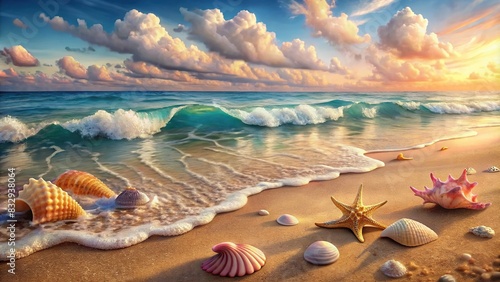 Realistic sea beach background in watercolor style with pink pastel tones, calm waves, and seashells scattered on the sand
