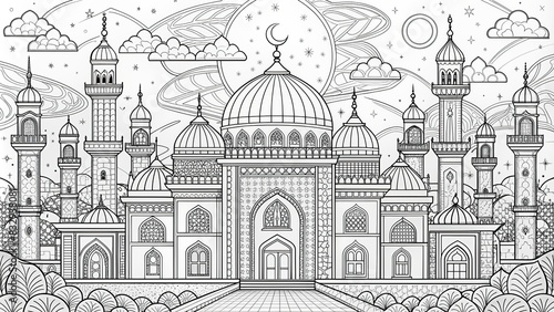 A collection of coloring pages featuring detailed s of mosques for kids to color